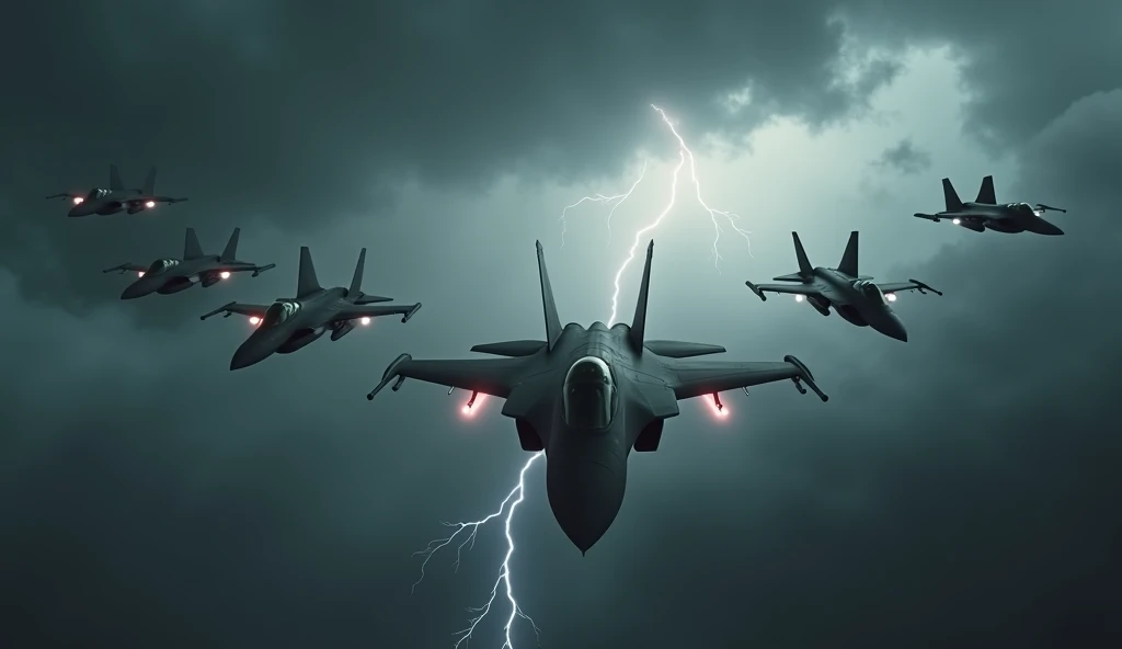 /imagine prompt: realistic, personality: [Depict a wide-angle shot of several F-16 fighter jets flanking the lone F-117 Nighthawk, soaring through the stormy skies. Dark clouds loom overhead while occasional lightning reveals the shapes of the F-16s, showc...