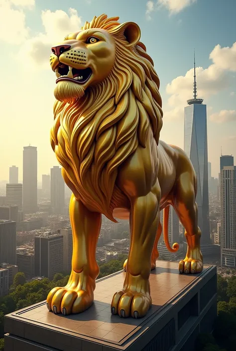 Create a building in shape of lion , wide shot, background City view,mid day view, coloured lion