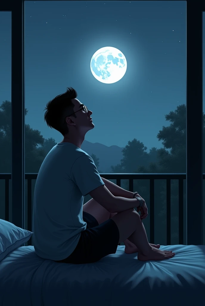 Thai man aged 30 , Wear glasses,  sitting on the balcony, bedroom ,Turn off the dark lights,  sees him only in the shadows ,  outside the balcony is forest ,  he sits on his knees ,  both hands hugging his knees ,  looking up at the sky ,  beautiful full m...