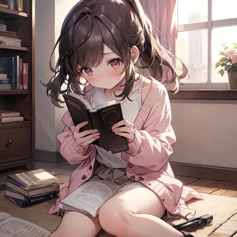  Its high definition  ,   Masterpiece ,   anatomically correct  , Accurate,   best quality,   high detail,   1 girl, Alone,   black hair,  ponytails bleeding from the vagina, sitting on the floor of the room reading a book,young,  pink cardigan, Brown dres...