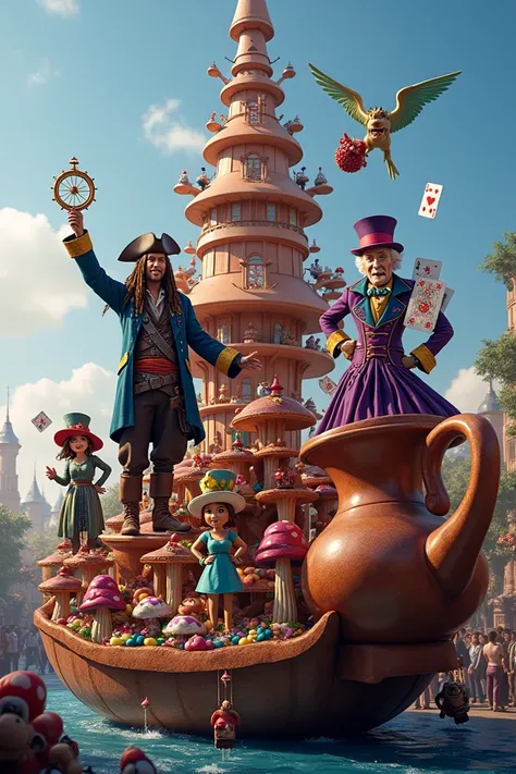 The Johnny Depp-inspired float is a magical spectacle with his most famous characters floating above. At the front, Jack Sparrow appears over a misty ocean, holding his compass. In the center, Willy Wonka hovers near a giant chocolate fountain surrounded b...