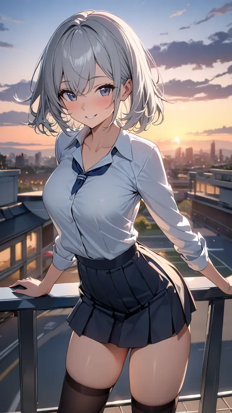  1 girl, solo,  high definition , chest,  smiles,  shortcuts, masterpiece,  Silver Hair, Aperture F1.2, evening, sexy,Beauty, slender,Knee-high, high school girl,uniform