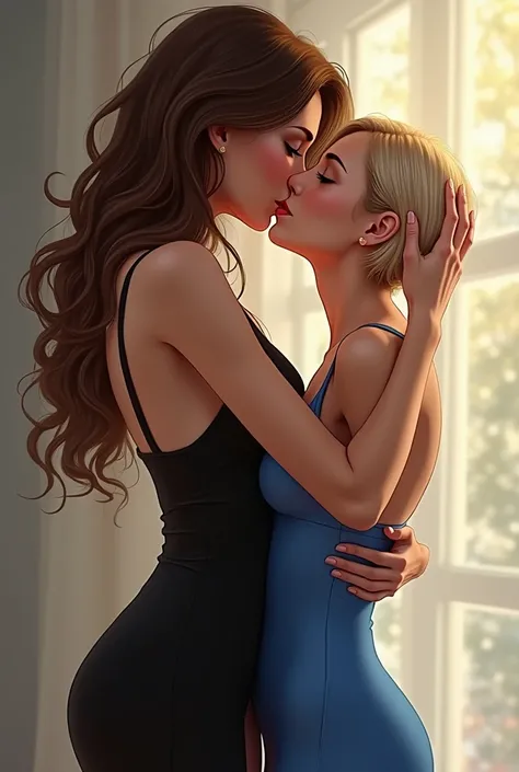 Double ART two lesbian girls kissing one is tall and has long brown hair and is wearing a tight tight black dress and the other is short and she has short blond hair and is wearing a tight blue dress. They are hugging each other as a couple 