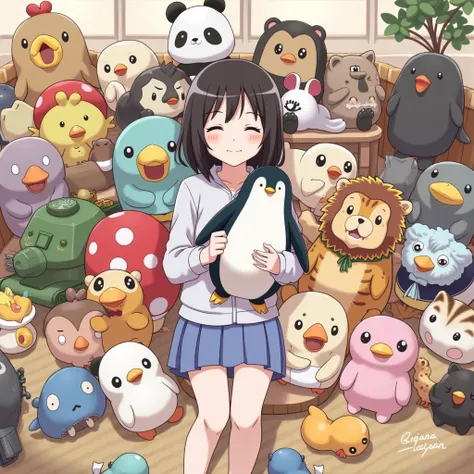  high definition , one girl who is at ease,Surrounded by stuffed toys, Lots of Stuffed Animals , holding a stuffed penguin,  Jigen Daisukes plush toy , panda ,Chicken Red Mushroom ,tank,Tiger, lion ,samurai,gun,Otter,cat,dog,duck,duck