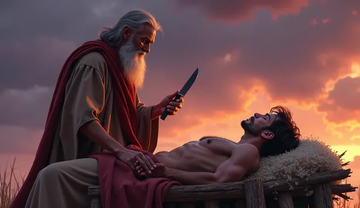 Create a digital artwork inspired by the scene of Abraham about to sacrifice his son Isaac. In this 17-year-old image, Isaac, a young man with a muscular build, is lying on a wooden altar covered in sticks, his body partially covered with a His expression ...