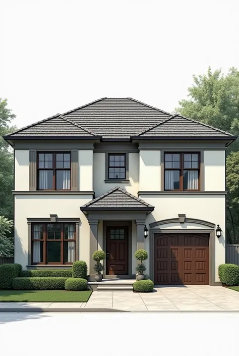 The facade of the house is two floors with a tiled four-sided gray roof with a garage on the right. 