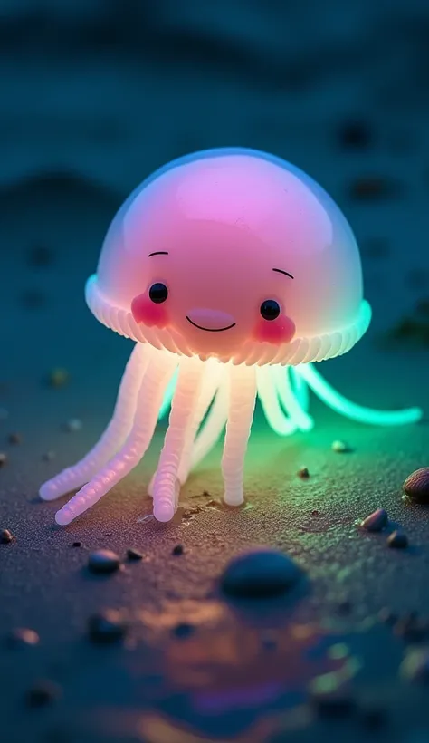 Bioluminescent Jellyfish Creature:
A luminous jellyfish-like creature with a humanoid baby-like face, floating gracefully in a shallow tide pool. Its glowing tentacles radiate soft neon hues of pink and green, creating a magical glow in the water. The sand...