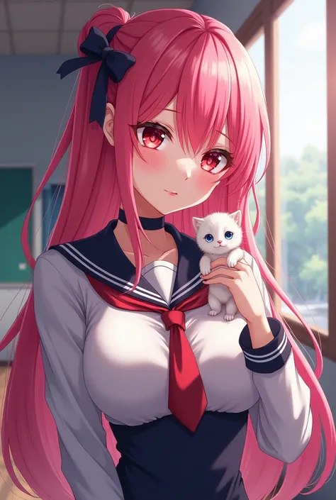 Very pretty anime girl with pink hair and red eyes sexy body in school uniform looking at me and SorojadaBig breasts, Alta resolución,  hair tie, agarrando un gatito