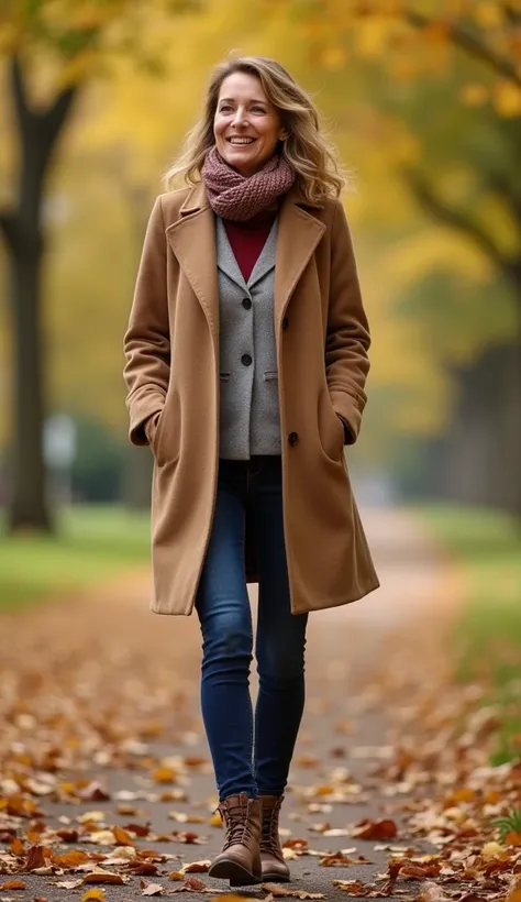 A 35-year-old woman, dressed in a warm coat, smiling as she walks through a leafy path in a park.