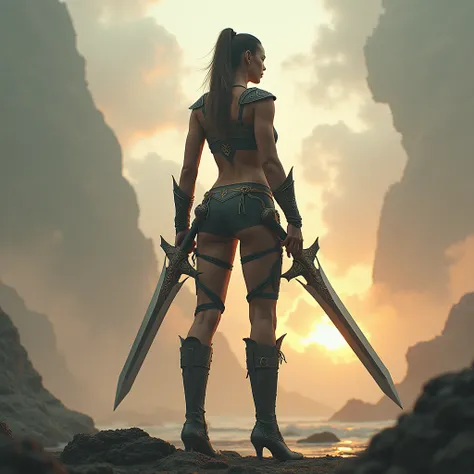  LOOK DOWN ON THE VIEWER {x} VERY HUGE GIANT {x} WEAR A TANK TOP、Back view of a sexy female warrior holding a big sword