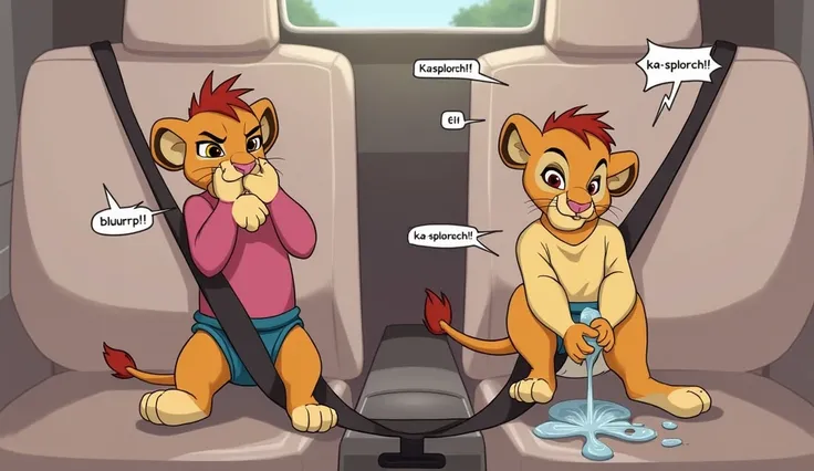 They sit in  seats secured with seat belts

On the left is a female lion cub (presumably Kiara) wearing a pink shirt. She appears annoyed or disgusted, holds her nose and uses her facial expressions to show that she is bothered by an unpleasant smell
On th...