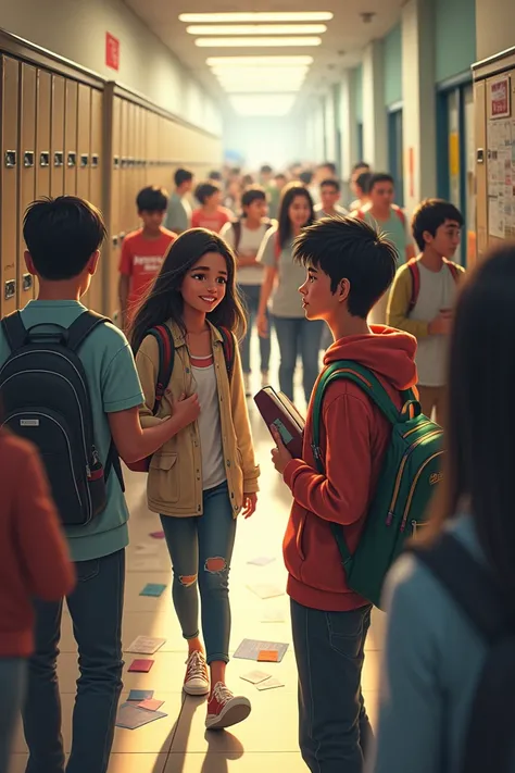 A crowded college hallway with students walking in different directions.
- Ammar, a shy-looking boy with a book in hand, standing by his locker.
- Ayesha, a bright-smiling girl with a colorful backpack, walking towards Ammar