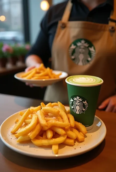 potato fries at starbucks with matcha latte 