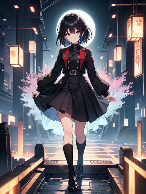 masterpiece, highest quality, highest quality, (no text), Beautiful and aesthetic:1.2),no text,anime、break,anime、break、 one girl、 Dark Haired Girl Short Hair 　 Slit Eyes Boyish 　adult　 beautiful eyes　red eyes, cool smile　 skirt　　 Black Coat　Full Body Outdo...