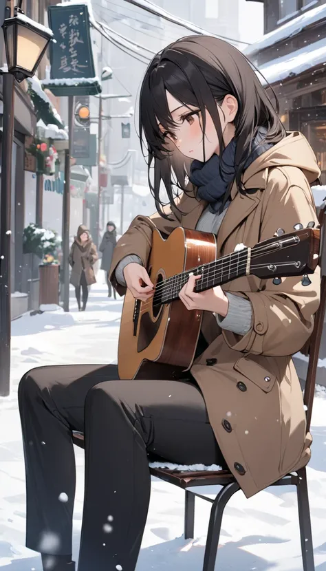 1girl, solo, winter, a girl playing guitar sitting on chair, masterpiece, best quality,  blank expression, long black hair, brown eyes, brown Coat, black pants, busking, outside, snow day
