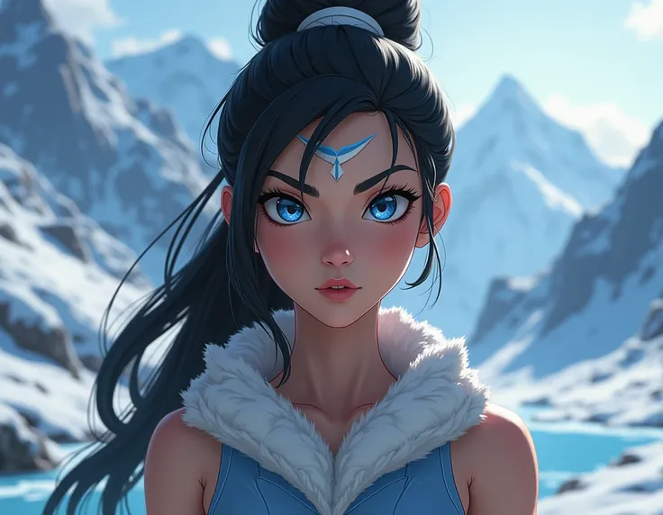 A beautiful young avatar Korra, detailed eyes, beautiful detailed lips, extremely detailed face and features, long eyelashes, detailed muscular athletic body, intricate detailed clothing, detailed water bending powers, detailed snowy mountain landscape bac...