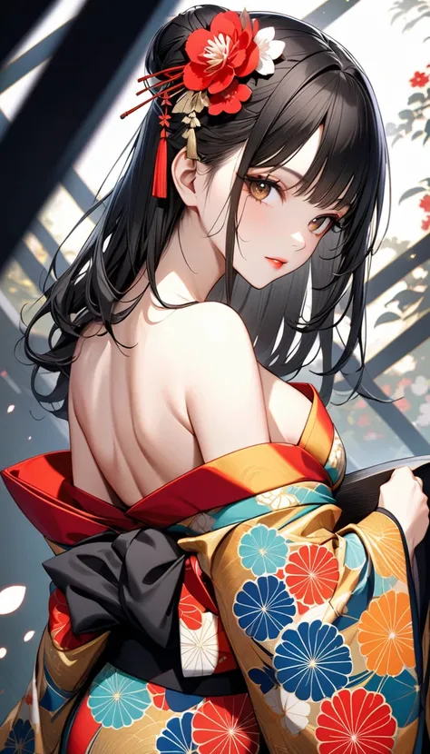  An attractive woman wearing a traditional Japanese kimono, Alone, strapless off-shoulder kimono , Dark brown hair, Detailed and realistic skin texture, High contrast for attractive skin tones, Attractive soft make-up, BREAK Luxury Japanese Kimono, Exquisi...