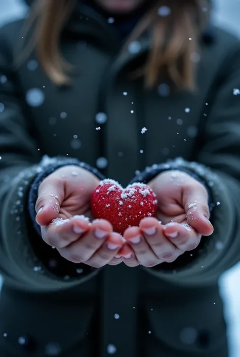 A picture of a son heart taken on a snowy night where only hands are visible