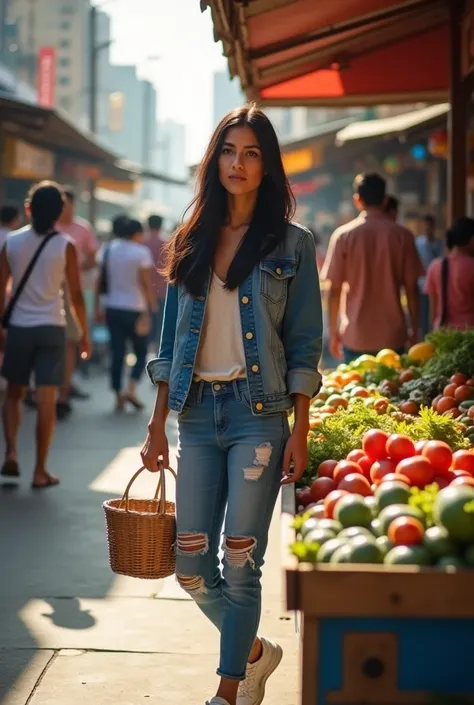 The image is a photograph snapped in a bustling city market, capturing a young woman browsing through a stall filled with fresh produce. She has sleek, black hair and an slender figure. Her outfit is a casual blend of a blue denim jacket and a pair of ripp...