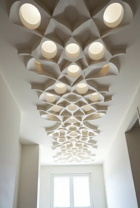 Installed ceiling with circular figures with drywall  
