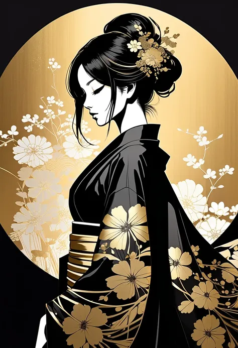 (Ashley Wood Style: 1.4), Japanese woman in kimono, black and gold color combination, silhouette, anime silhouette style, flat 2D illustration, 1 girl, gorgeous black, gold embroidered dress, sparkling gold, gold circular background with several black silh...