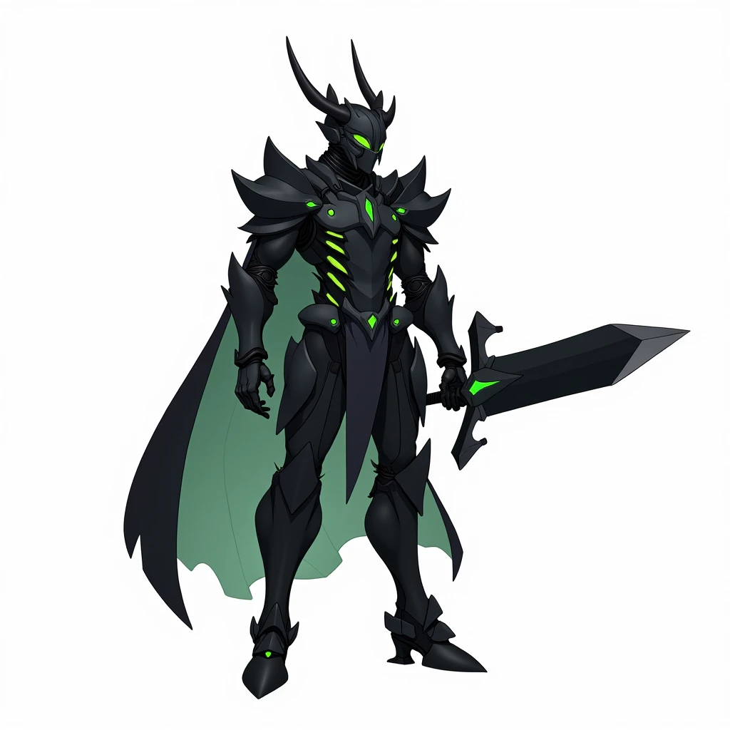  anime game character style，DNF nostalgic style ， A character with black armor 。 The characters armor design is very futuristic and mechanical， has green glowing details on the armor ，Increased sense of technology。, the characters helmet has a unique shape...