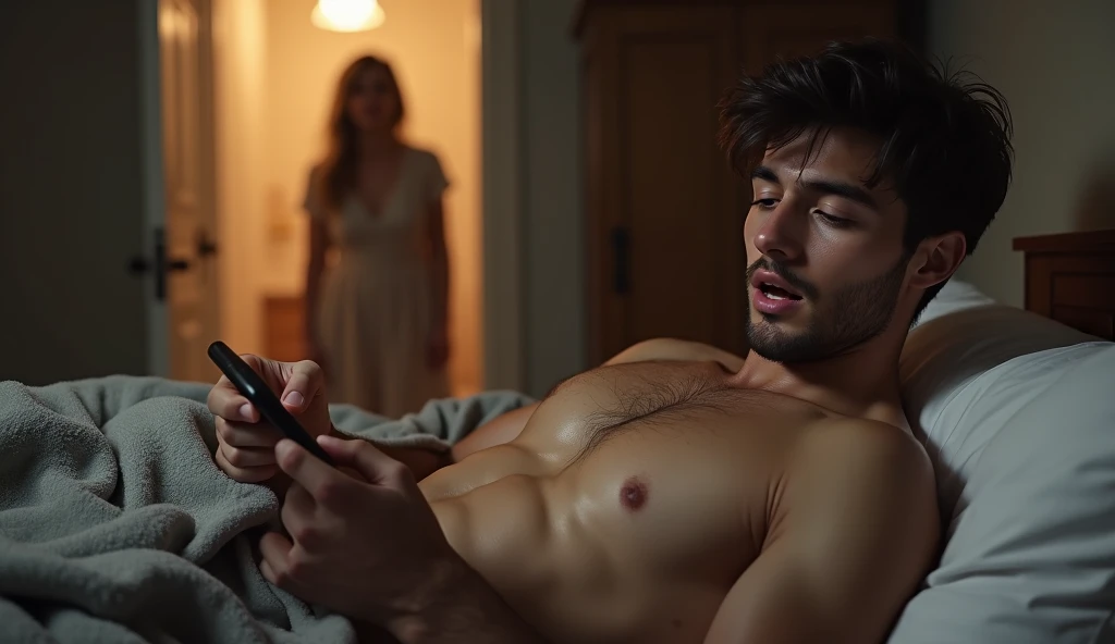 young man on bed naked and has blanket on top and using mobile with only one hand and his mouth is open and a older women is standing far on door looking towards him shokingly