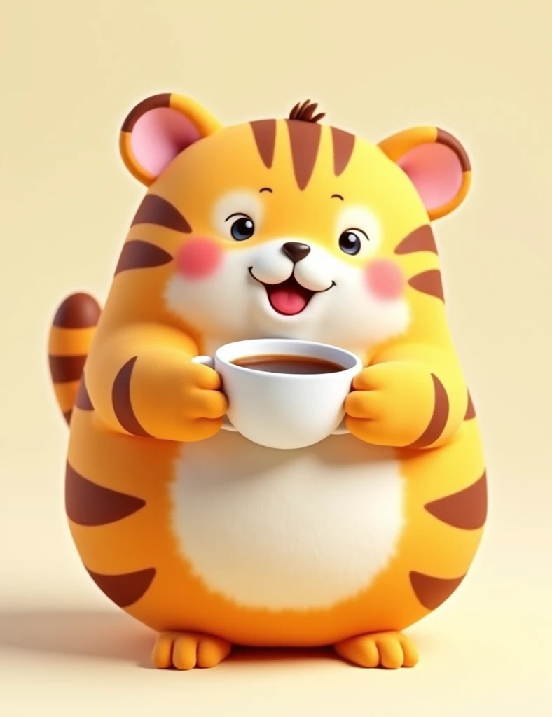 Orange and white striped tiger Round body with soft fur. , 3d character cartoon, , perfect hand, Sumikko Gurashi style , Hold Coffee Cup, fluffy fur body, smile face and open mouth , Light background