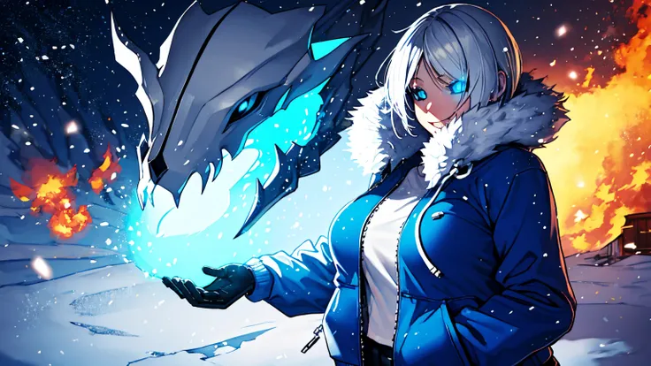 Sans Blue Jacket Black Shirt Fire Eyes Skull Smile Long Lashes White Short Hair Luminous Face Blue Dragon Skull Cannon One Person Standing In Snow Town Femininefull Super huge big breasts breast enlargement full-body shot illustration, ultra-detailed, HDR,...