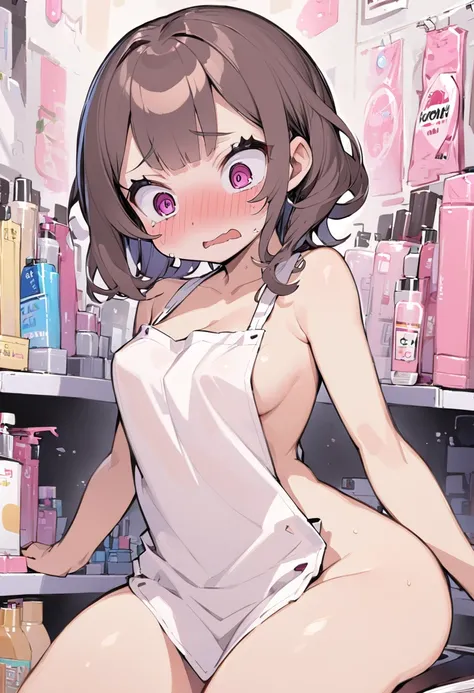 Cute naked woman wearing an apron in a sex shop with an embarrassed expression 