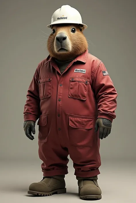 A capybara stands like a person wears dark red coveralls with Weatherford logo and white helmet with boots 