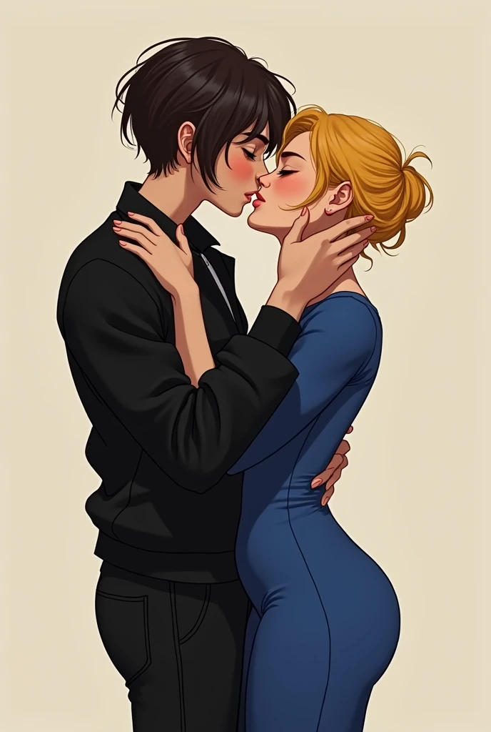 Classic HQ two lesbian girls kissing one is tall and has short brown hair and is wearing black pants and jacket and the other is short and she has blond hair and is wearing a tight tight blue dress. They are hugging each other as a couple 