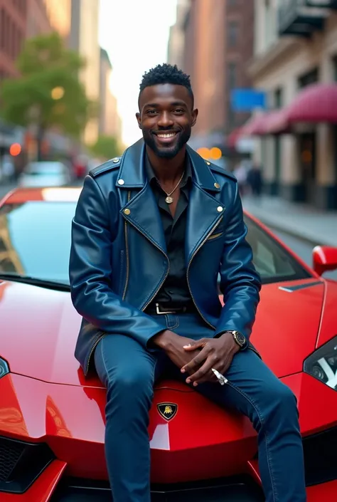 A handsome young nigerian man wearing a blue leather jacket jeans is sitting on top of a red lamborgini car parked on the side of a newyork city road,smiling face staring forward while holding a cigarette that is slightly smoky , The tranquility of the sur...