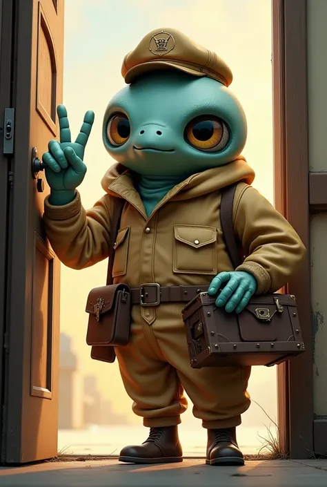  ET BUS WEARING A COURIERS CLOTHES MAKING A PEACE SIGN WITH ONE HAND AND HOLDING A CHEST WITH THE OTHER HAND,  ENTERING THE DOOR OF A 