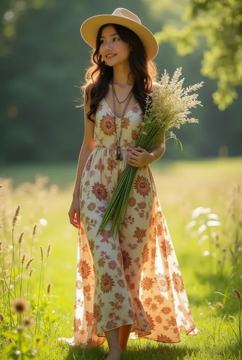 Thai Woman. Stylish Asian teenage girl in flowing bohemian maxi dress with floral print, standing in a sunny meadow. Her hair is styled in loose waves and she wears a wide-brimmed hat and layered necklace. She stands barefoot on young grass, holding a bunc...