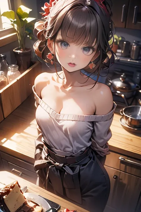 (small breasts:1.3), (perky chest:1.1), (pointed chest:1.0), (Pudding cake magazine cover:1.3)，(from above:1.0),(from side:0.9),masterpiece, 1girl, Amazing Cleavage:1.1, thin waist, big ass, Raised sexy, small breast: 1.3, sexy posed cleavage:1.2,solo, ope...