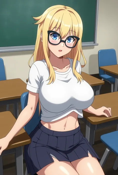 screenshot of my hero academia, side profile, light blonde hair, bright blue eyes, (((oversized cat-eye glasses))), T-shirt, exposed waist, slim with huge bust, ((huge sexy breasts)), sitting at a table in a classroom, skirt, with his cold gaze 