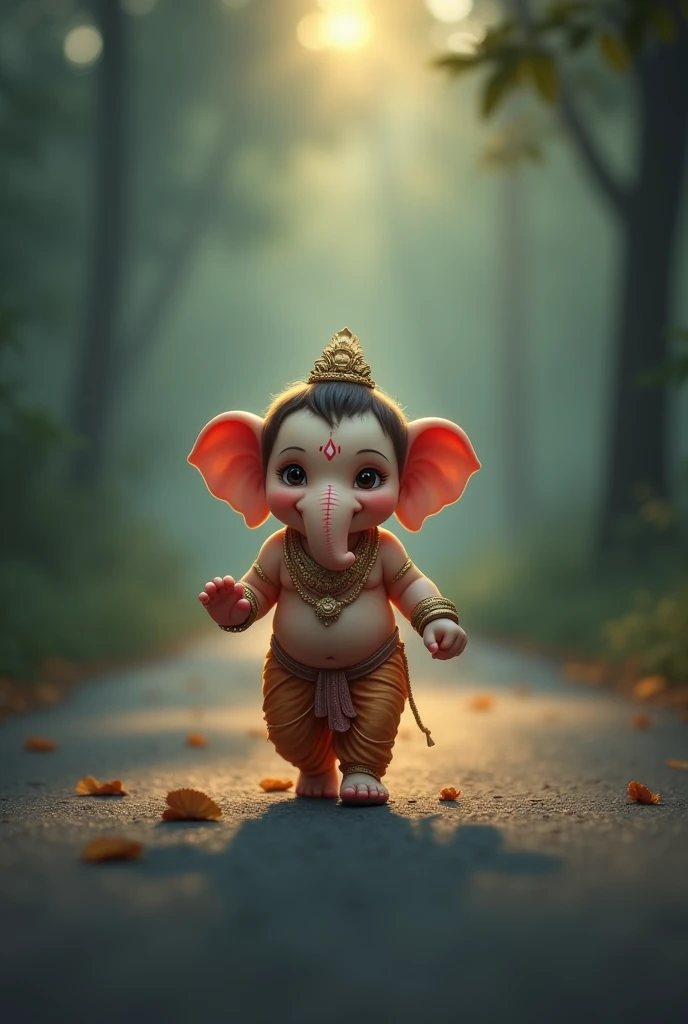 Cute baby 
Ganesh ji walking on road in low light conditions 