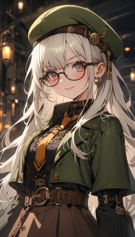 winter, shirt, Glasses with thin rim, White hair, Brown eyes, Brown tie, brown skirt, dark green beret, Dark green jacket, girl with , steampunkai