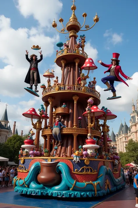 The Johnny Depp-inspired float is a magical spectacle with his most famous characters floating above. At the front, Jack Sparrow appears over a misty ocean, holding his compass. In the center, Willy Wonka hovers near a giant chocolate fountain surrounded b...