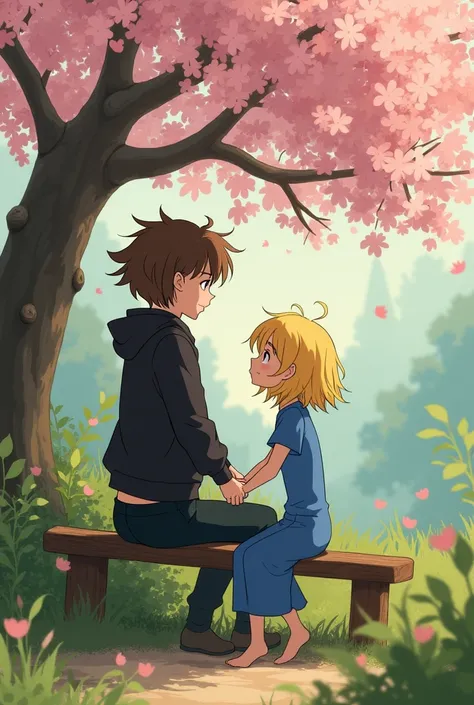 Cartoon in Studio Ghibli two lesbian girls holding hands one is tall and has short brown hair and is wearing black pants and jacket and the other is short and she has blond hair and is wearing a tight tight blue dress. They are sitting on the bench at the ...