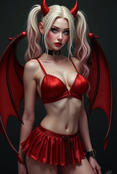 Nsfw seductive Ultra detailed photo realistic painting Harley Quinn as a devil, Twintail hair, Blue eyes, navel,  watch viewers ,  tiny satin red pleated skirt , (red spaghetti straps satin Shirt :1.2, devil wings Showing the sternum, ,large breasts cleava...