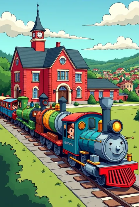 Draw three trains departing from a school represented in the center
From the picture coloring drawing 