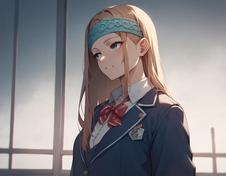 Masterpiece,4k, 1,girl , hime curl hairstyles,brown,headband, school uniform with a lace and ribbon, mysterious vibe,warm atmosphere, school yard, mysterious girl,foggy school