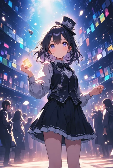  A 15-year-old female illusionist performing on a brightly lit school stage, wearing a cute and stylish magicians outfit, including a tailored vest, a mini skirt with playful frills, and a small top hat with a bow. Her expression is deeply confused and unc...