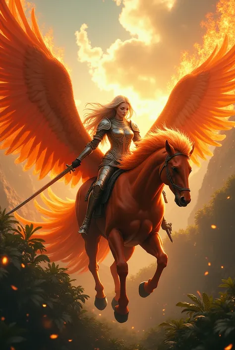 a very beautiful fair-haired woman as a knight on the back of a very large and very beautiful phoenix flying over a jungle setting everything on fire around her seen from the front 