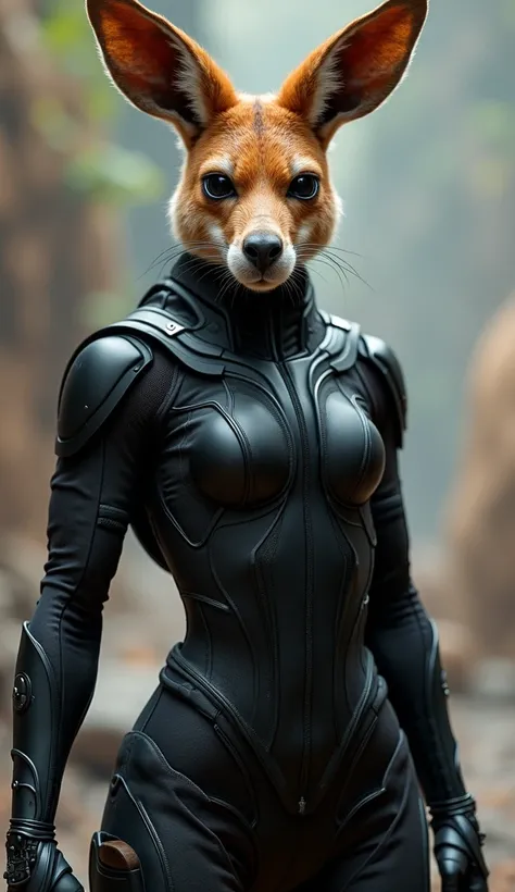  An anthropomorphic kangaroo figure with a powerful and modern look.  She is wearing a tight and technological black suit ,  similar to a tactical combat uniform .  Her features mix animal realism with human characteristics ,  and her gaze transmits confid...