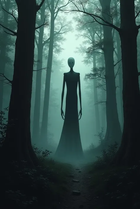 I want well-done art of a dark forest but in it the SlenderMan appears there is a static effect around the place