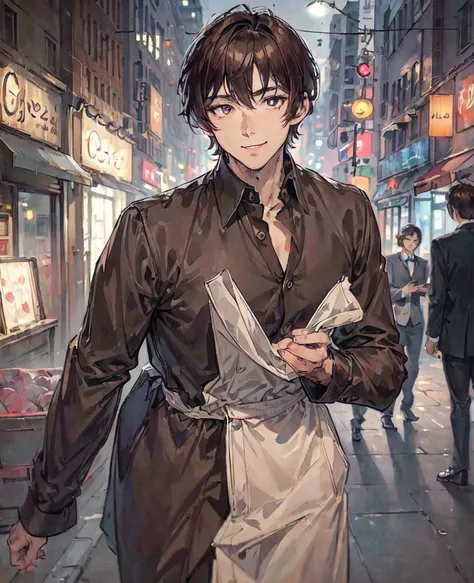 (( best quality, 8k,   Masterpiece  :1.3)), Korean Male 1, smile, whole body, Slim face,  attractive man , (  lots of dark brown hair ),  dress shirt  :1.1,  super detailed face,  DETAILS EYES ,  double eyelids,  blurry background, Slim face, city, outside...