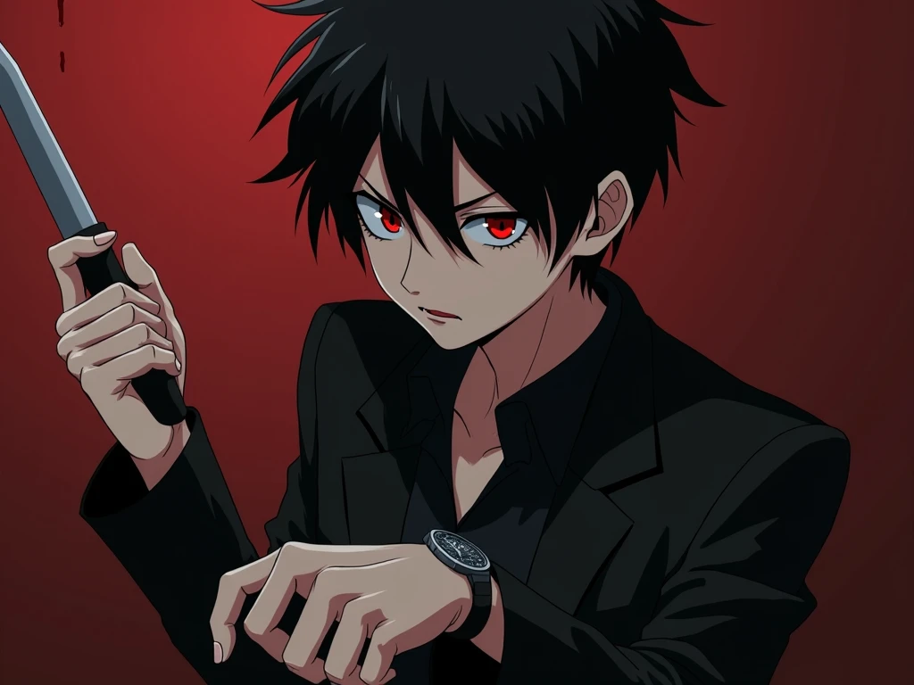 a young man dressed up in a suit talking with a 1boy, black hair, black shirt, red eyes, watch, messy hair, 8k resolution, fierce, delicate facial features, cold, murderous, angry, knife in hand, blood in a shaddy place animated